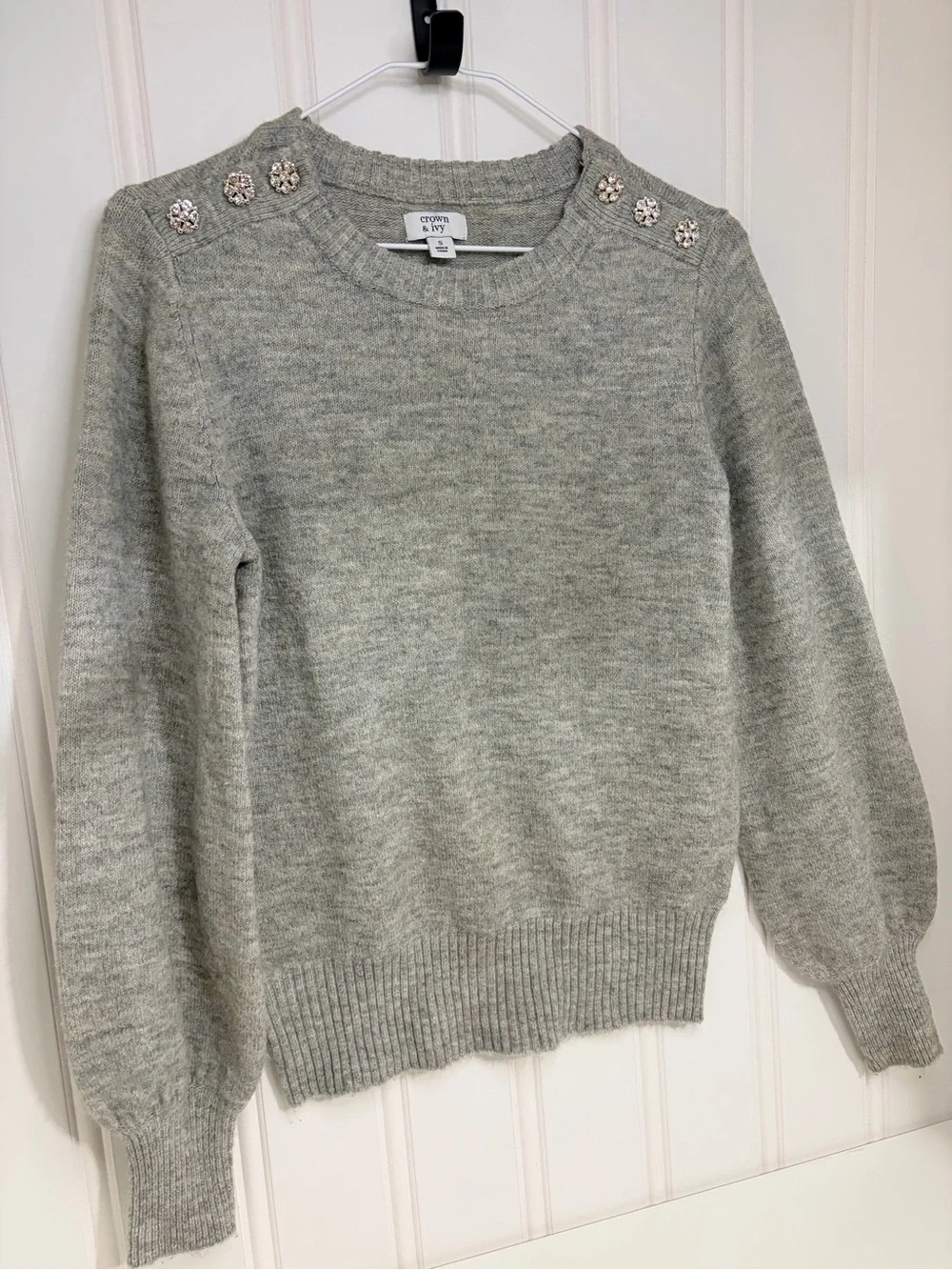 crown & ivy Light Gray Crewneck Sweater with Rhinestone Shoulder Buttons